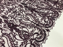 Glam Damask Beaded Fabric - Plum - Embroidered Elegant Fashion Fabric with Beads on Mesh