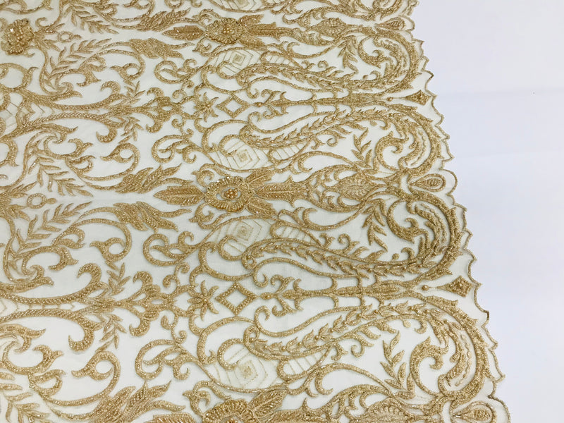 Glam Damask Beaded Fabric - Honey Gold - Embroidered Elegant Fashion Fabric with Beads on Mesh