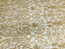 Glam Damask Beaded Fabric - Honey Gold - Embroidered Elegant Fashion Fabric with Beads on Mesh