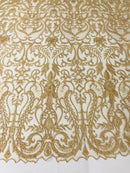 Glam Damask Beaded Fabric - Honey Gold - Embroidered Elegant Fashion Fabric with Beads on Mesh