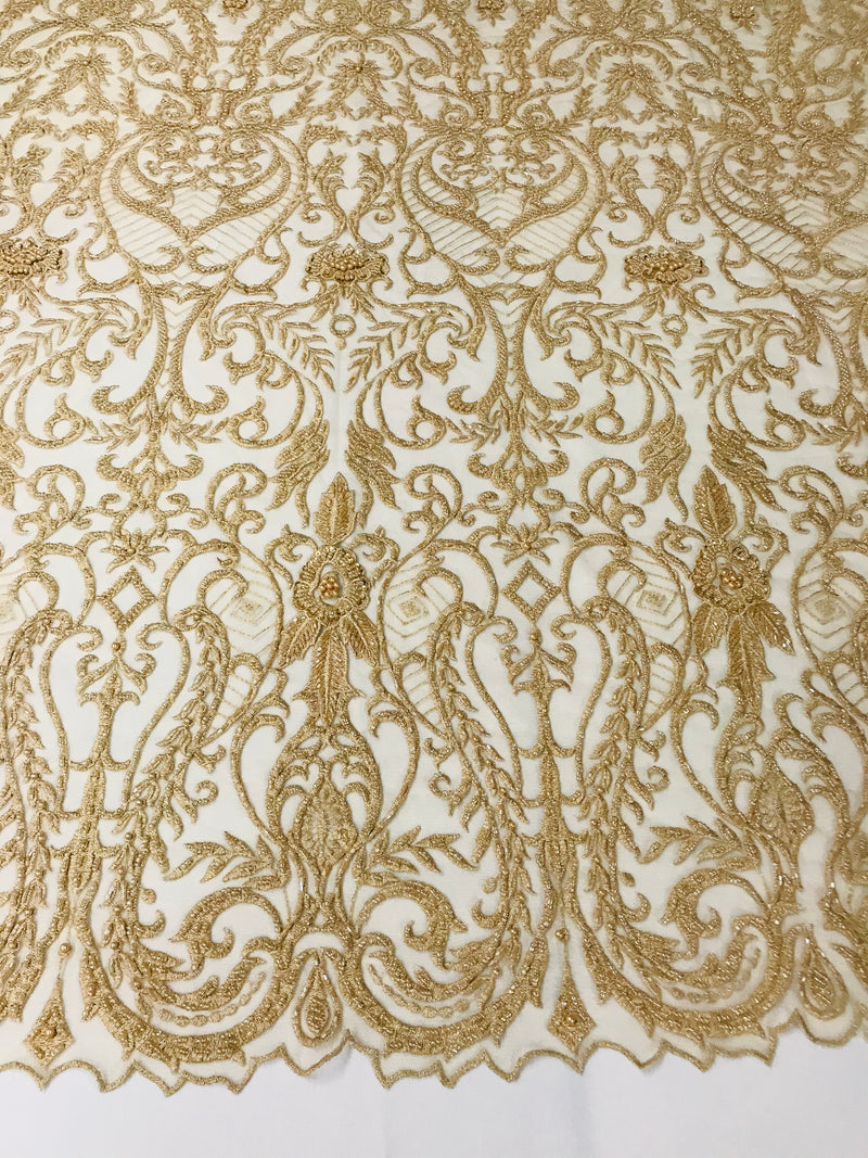 Glam Damask Beaded Fabric - Honey Gold - Embroidered Elegant Fashion Fabric with Beads on Mesh