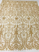 Glam Damask Beaded Fabric - Honey Gold - Embroidered Elegant Fashion Fabric with Beads on Mesh