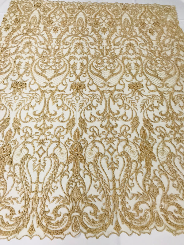 Glam Damask Beaded Fabric - Honey Gold - Embroidered Elegant Fashion Fabric with Beads on Mesh