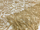 Glam Damask Beaded Fabric - Honey Gold - Embroidered Elegant Fashion Fabric with Beads on Mesh