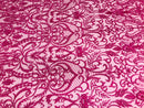 Glam Damask Beaded Fabric - Fuschia - Embroidered Elegant Fashion Fabric with Beads on Mesh