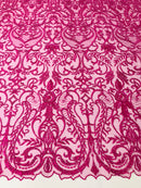 Glam Damask Beaded Fabric - Fuschia - Embroidered Elegant Fashion Fabric with Beads on Mesh