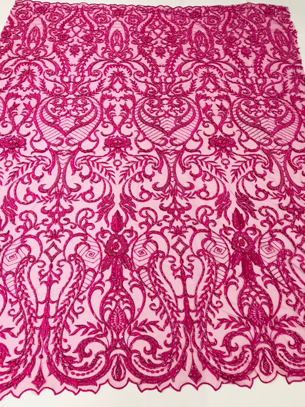 Glam Damask Beaded Fabric - Fuschia - Embroidered Elegant Fashion Fabric with Beads on Mesh