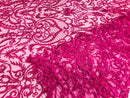 Glam Damask Beaded Fabric - Fuschia - Embroidered Elegant Fashion Fabric with Beads on Mesh