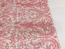 Glam Damask Beaded Fabric - Dusty Rose - Embroidered Elegant Fashion Fabric with Beads on Mesh