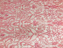 Glam Damask Beaded Fabric - Dusty Rose - Embroidered Elegant Fashion Fabric with Beads on Mesh