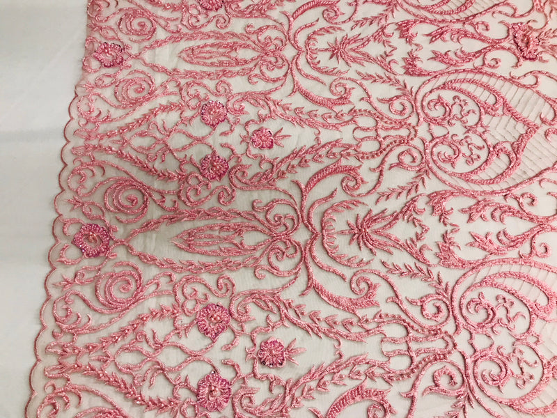 Glam Damask Beaded Fabric - Dusty Rose - Embroidered Elegant Fashion Fabric with Beads on Mesh