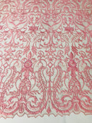 Glam Damask Beaded Fabric - Dusty Rose - Embroidered Elegant Fashion Fabric with Beads on Mesh