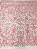 Glam Damask Beaded Fabric - Dusty Rose - Embroidered Elegant Fashion Fabric with Beads on Mesh