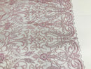 Glam Damask Beaded Fabric - Light Lilac - Embroidered Elegant Fashion Fabric with Beads on Mesh
