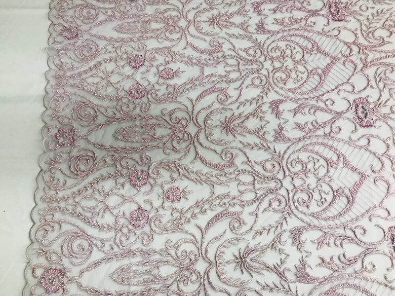 Glam Damask Beaded Fabric - Light Lilac - Embroidered Elegant Fashion Fabric with Beads on Mesh