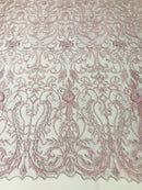 Glam Damask Beaded Fabric - Light Lilac - Embroidered Elegant Fashion Fabric with Beads on Mesh