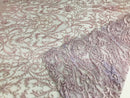 Glam Damask Beaded Fabric - Light Lilac - Embroidered Elegant Fashion Fabric with Beads on Mesh