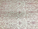 Glam Damask Beaded Fabric - Light Lilac - Embroidered Elegant Fashion Fabric with Beads on Mesh