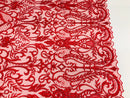 Glam Damask Beaded Fabric - Red - Embroidered Elegant Fashion Fabric with Beads on Mesh