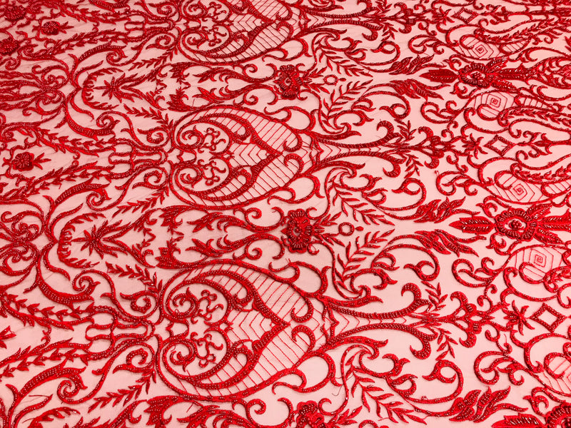Glam Damask Beaded Fabric - Red - Embroidered Elegant Fashion Fabric with Beads on Mesh