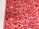 Glam Damask Beaded Fabric - Red - Embroidered Elegant Fashion Fabric with Beads on Mesh