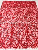 Glam Damask Beaded Fabric - Red - Embroidered Elegant Fashion Fabric with Beads on Mesh