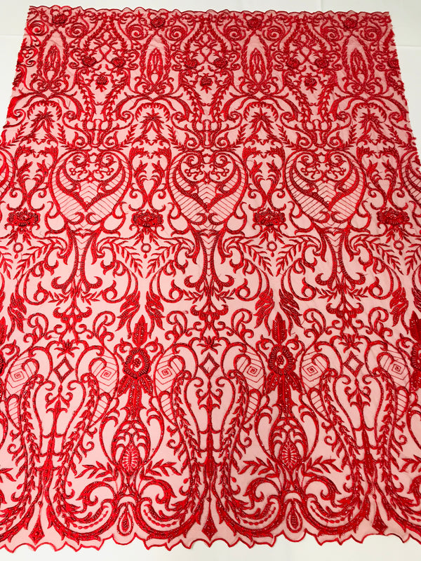 Glam Damask Beaded Fabric - Red - Embroidered Elegant Fashion Fabric with Beads on Mesh