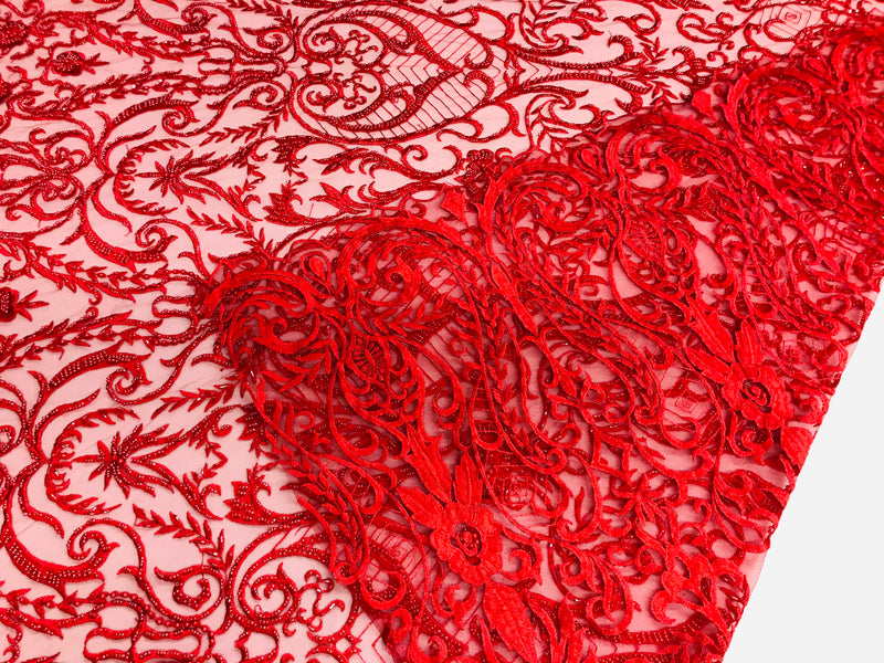 Glam Damask Beaded Fabric - Red - Embroidered Elegant Fashion Fabric with Beads on Mesh