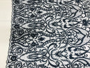 Glam Damask Beaded Fabric - Navy Blue - Embroidered Elegant Fashion Fabric with Beads on Mesh