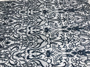 Glam Damask Beaded Fabric - Navy Blue - Embroidered Elegant Fashion Fabric with Beads on Mesh