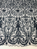 Glam Damask Beaded Fabric - Navy Blue - Embroidered Elegant Fashion Fabric with Beads on Mesh