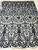 Glam Damask Beaded Fabric - Navy Blue - Embroidered Elegant Fashion Fabric with Beads on Mesh