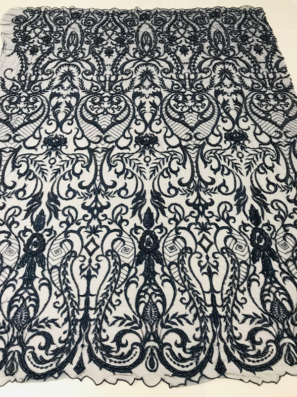 Glam Damask Beaded Fabric - Navy Blue - Embroidered Elegant Fashion Fabric with Beads on Mesh