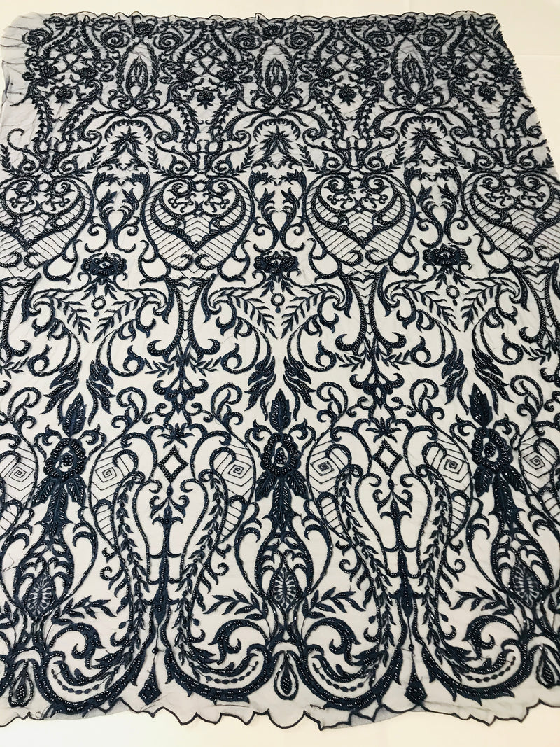Glam Damask Beaded Fabric - Navy Blue - Embroidered Elegant Fashion Fabric with Beads on Mesh