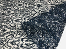 Glam Damask Beaded Fabric - Navy Blue - Embroidered Elegant Fashion Fabric with Beads on Mesh