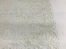 Glam Damask Beaded Fabric - Ivory - Embroidered Elegant Fashion Fabric with Beads on Mesh