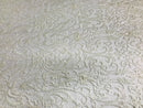 Glam Damask Beaded Fabric - Ivory - Embroidered Elegant Fashion Fabric with Beads on Mesh