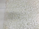 Glam Damask Beaded Fabric - Ivory - Embroidered Elegant Fashion Fabric with Beads on Mesh