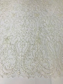 Glam Damask Beaded Fabric - Ivory - Embroidered Elegant Fashion Fabric with Beads on Mesh