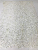 Glam Damask Beaded Fabric - Ivory - Embroidered Elegant Fashion Fabric with Beads on Mesh