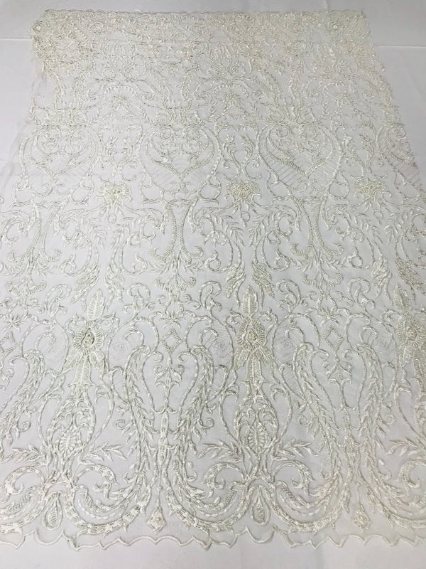 Glam Damask Beaded Fabric - Ivory - Embroidered Elegant Fashion Fabric with Beads on Mesh