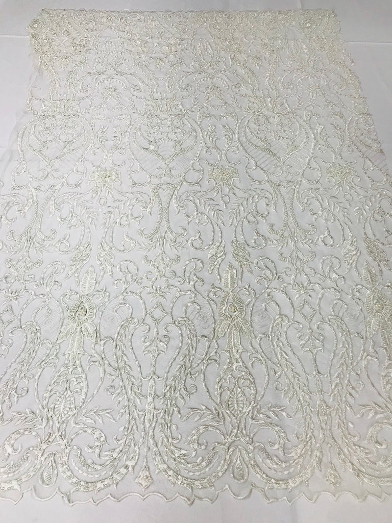 Glam Damask Beaded Fabric - Ivory - Embroidered Elegant Fashion Fabric with Beads on Mesh