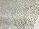Glam Damask Beaded Fabric - Ivory - Embroidered Elegant Fashion Fabric with Beads on Mesh