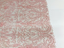 Glam Damask Beaded Fabric - Pink - Embroidered Elegant Fashion Fabric with Beads on Mesh