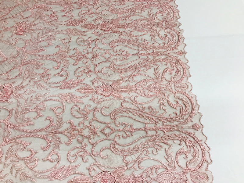 Glam Damask Beaded Fabric - Pink - Embroidered Elegant Fashion Fabric with Beads on Mesh