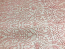 Glam Damask Beaded Fabric - Pink - Embroidered Elegant Fashion Fabric with Beads on Mesh