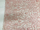 Glam Damask Beaded Fabric - Pink - Embroidered Elegant Fashion Fabric with Beads on Mesh