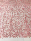 Glam Damask Beaded Fabric - Pink - Embroidered Elegant Fashion Fabric with Beads on Mesh