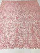 Glam Damask Beaded Fabric - Pink - Embroidered Elegant Fashion Fabric with Beads on Mesh