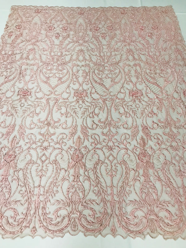 Glam Damask Beaded Fabric - Pink - Embroidered Elegant Fashion Fabric with Beads on Mesh